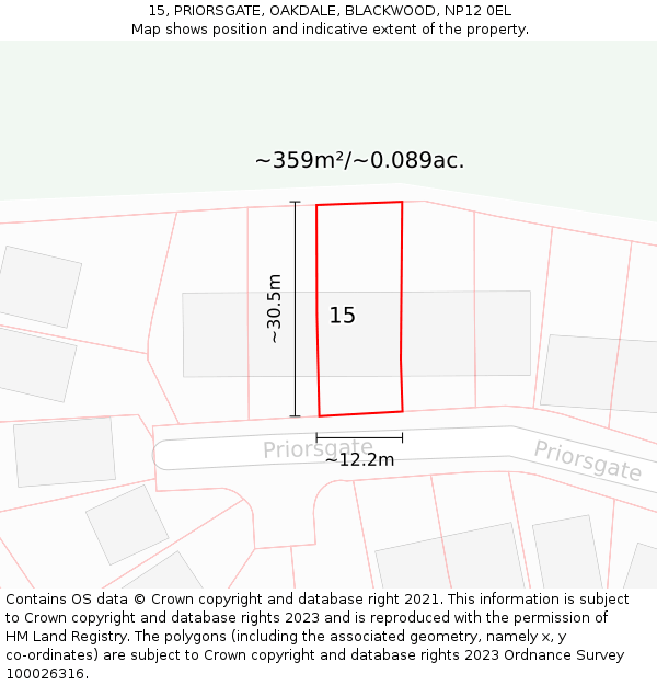 15, PRIORSGATE, OAKDALE, BLACKWOOD, NP12 0EL: Plot and title map