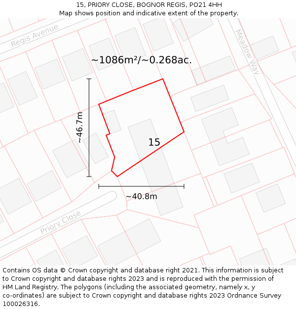 15, PRIORY CLOSE, BOGNOR REGIS, PO21 4HH: Plot and title map
