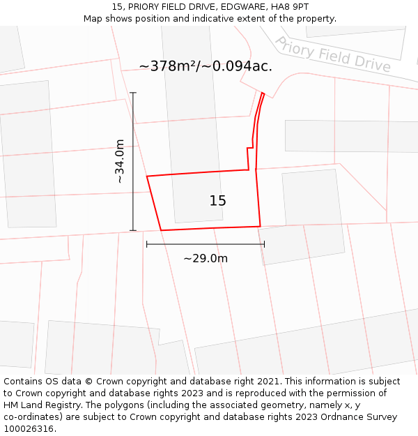 15, PRIORY FIELD DRIVE, EDGWARE, HA8 9PT: Plot and title map