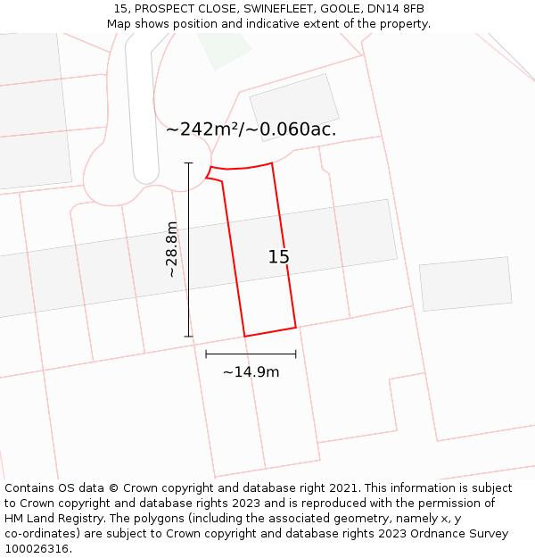 15, PROSPECT CLOSE, SWINEFLEET, GOOLE, DN14 8FB: Plot and title map