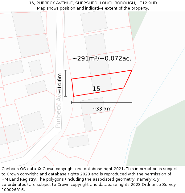 15, PURBECK AVENUE, SHEPSHED, LOUGHBOROUGH, LE12 9HD: Plot and title map