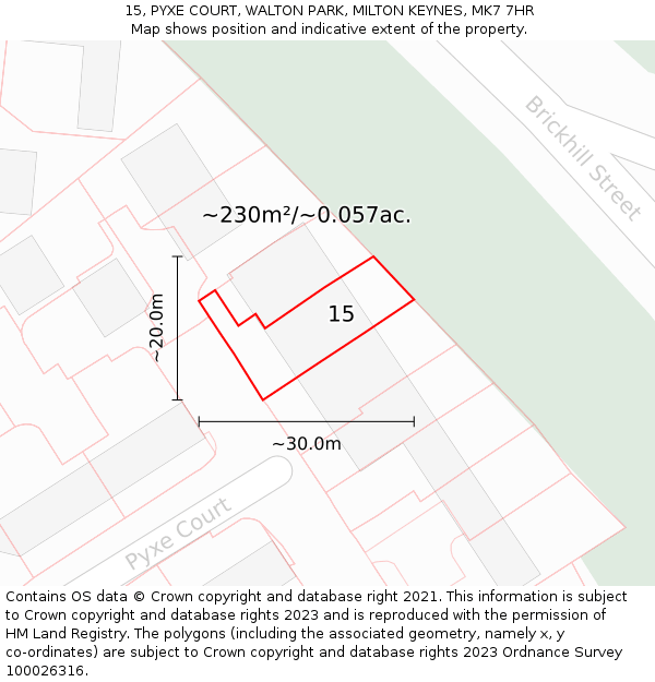 15, PYXE COURT, WALTON PARK, MILTON KEYNES, MK7 7HR: Plot and title map