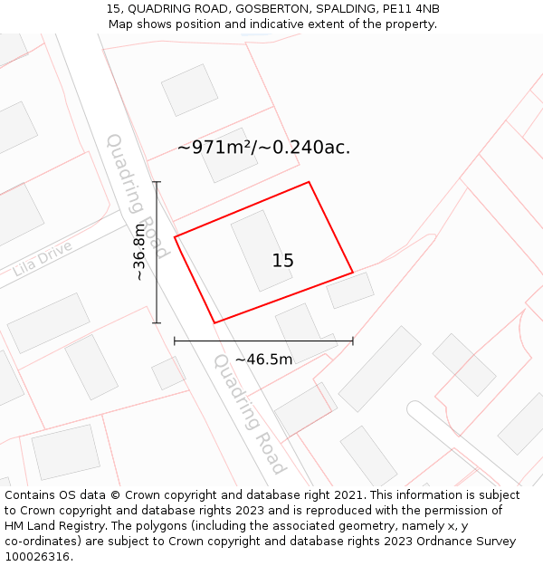 15, QUADRING ROAD, GOSBERTON, SPALDING, PE11 4NB: Plot and title map