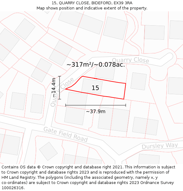 15, QUARRY CLOSE, BIDEFORD, EX39 3RA: Plot and title map