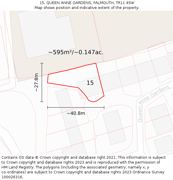 15, QUEEN ANNE GARDENS, FALMOUTH, TR11 4SW: Plot and title map