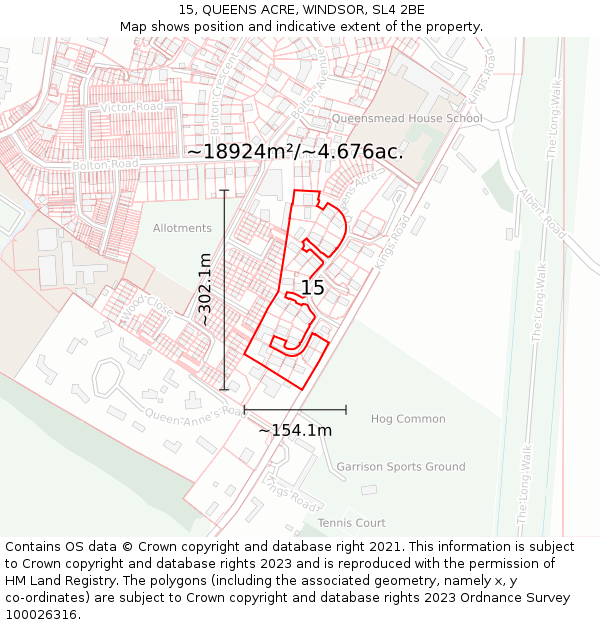 15, QUEENS ACRE, WINDSOR, SL4 2BE: Plot and title map