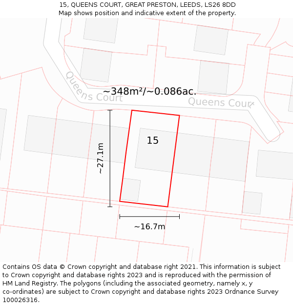 15, QUEENS COURT, GREAT PRESTON, LEEDS, LS26 8DD: Plot and title map