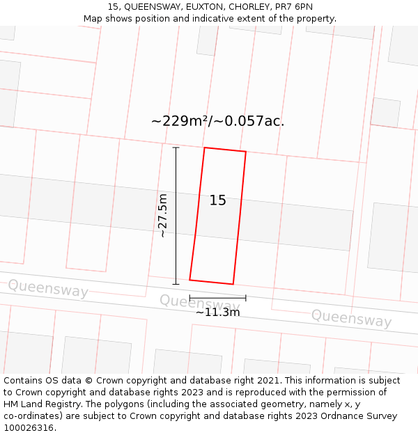 15, QUEENSWAY, EUXTON, CHORLEY, PR7 6PN: Plot and title map