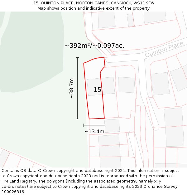 15, QUINTON PLACE, NORTON CANES, CANNOCK, WS11 9FW: Plot and title map