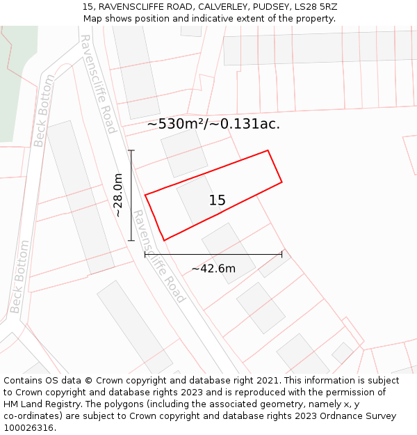 15, RAVENSCLIFFE ROAD, CALVERLEY, PUDSEY, LS28 5RZ: Plot and title map