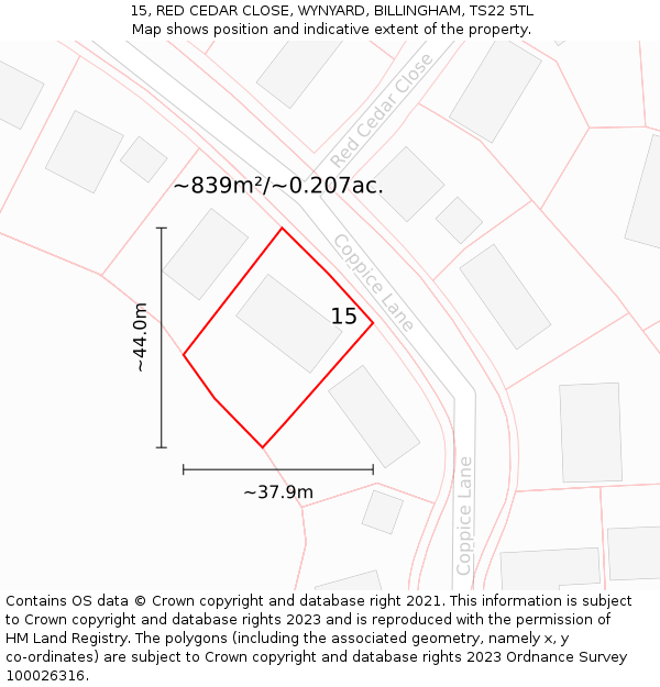 15, RED CEDAR CLOSE, WYNYARD, BILLINGHAM, TS22 5TL: Plot and title map