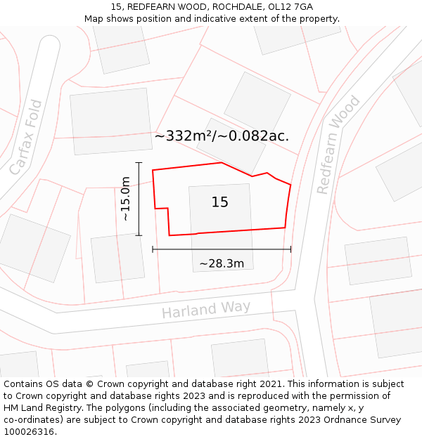 15, REDFEARN WOOD, ROCHDALE, OL12 7GA: Plot and title map