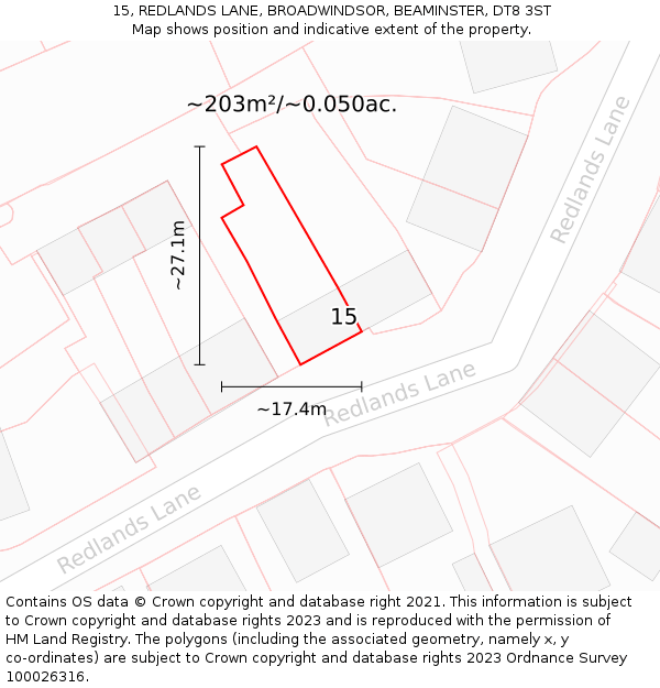 15, REDLANDS LANE, BROADWINDSOR, BEAMINSTER, DT8 3ST: Plot and title map