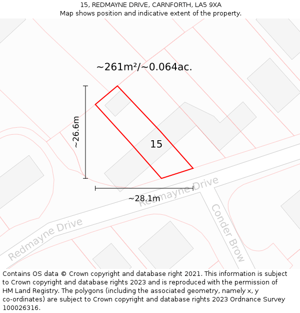 15, REDMAYNE DRIVE, CARNFORTH, LA5 9XA: Plot and title map