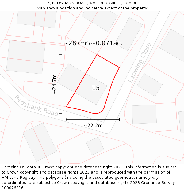 15, REDSHANK ROAD, WATERLOOVILLE, PO8 9EG: Plot and title map