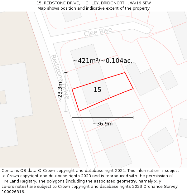 15, REDSTONE DRIVE, HIGHLEY, BRIDGNORTH, WV16 6EW: Plot and title map