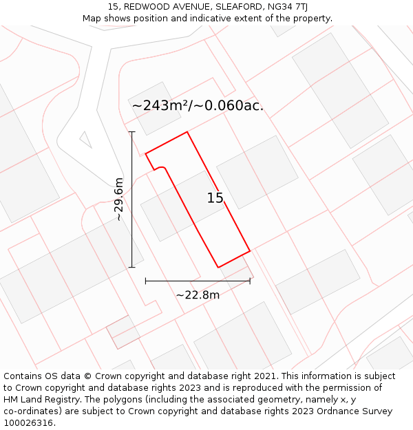 15, REDWOOD AVENUE, SLEAFORD, NG34 7TJ: Plot and title map