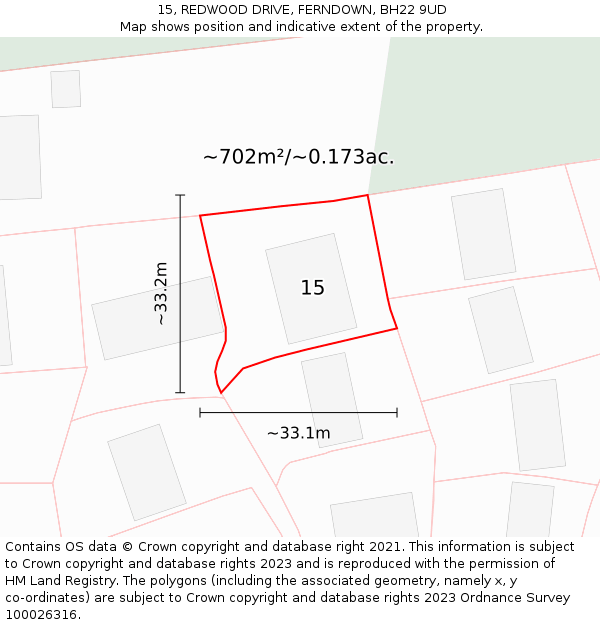 15, REDWOOD DRIVE, FERNDOWN, BH22 9UD: Plot and title map