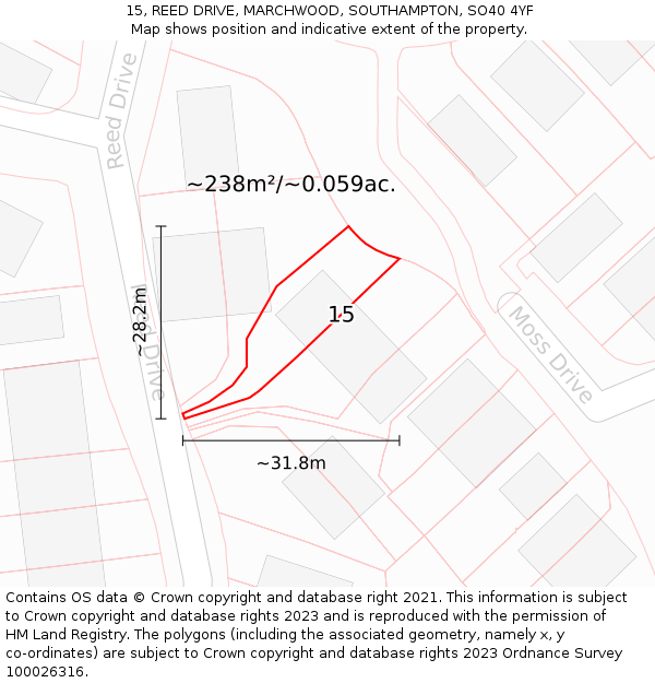 15, REED DRIVE, MARCHWOOD, SOUTHAMPTON, SO40 4YF: Plot and title map