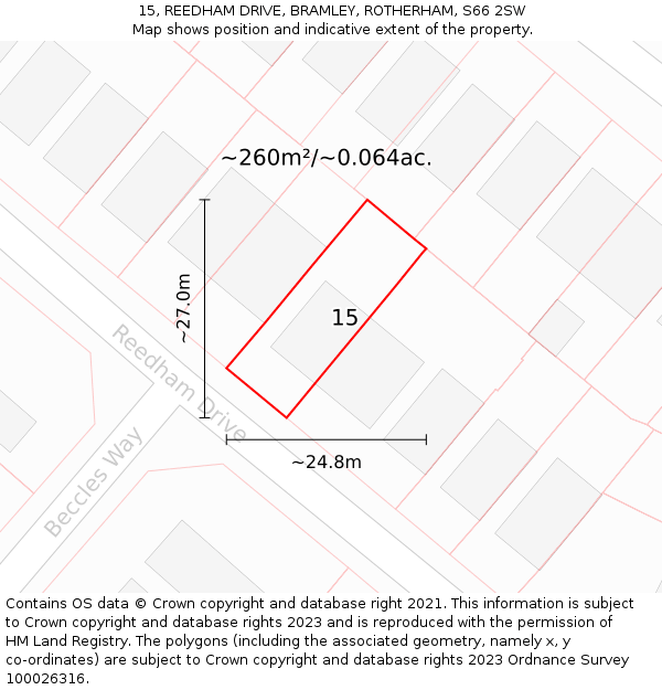 15, REEDHAM DRIVE, BRAMLEY, ROTHERHAM, S66 2SW: Plot and title map