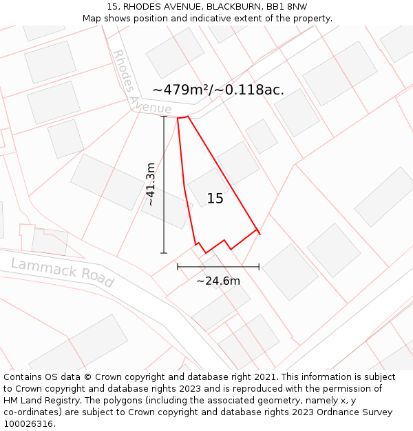 15, RHODES AVENUE, BLACKBURN, BB1 8NW: Plot and title map