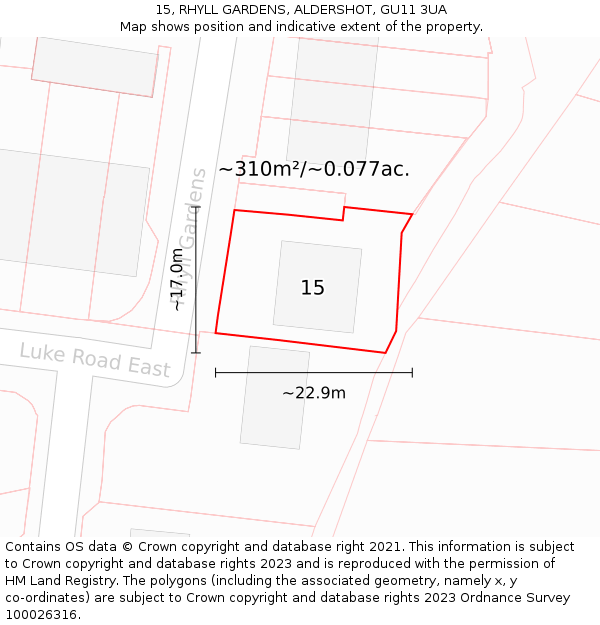 15, RHYLL GARDENS, ALDERSHOT, GU11 3UA: Plot and title map