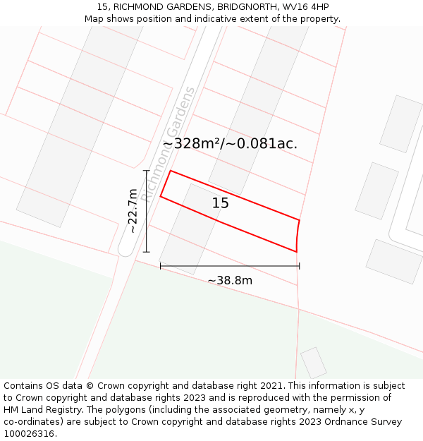 15, RICHMOND GARDENS, BRIDGNORTH, WV16 4HP: Plot and title map