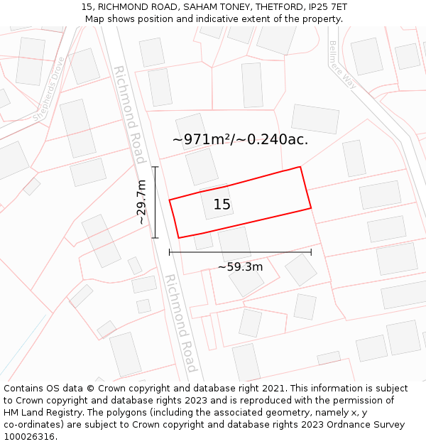 15, RICHMOND ROAD, SAHAM TONEY, THETFORD, IP25 7ET: Plot and title map