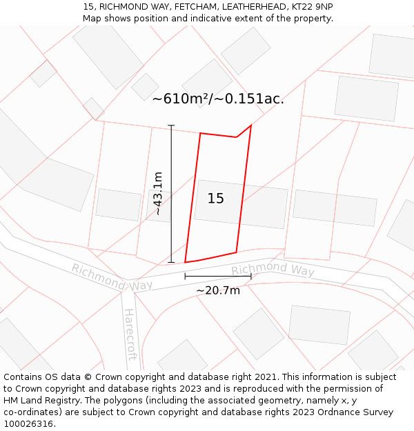 15, RICHMOND WAY, FETCHAM, LEATHERHEAD, KT22 9NP: Plot and title map
