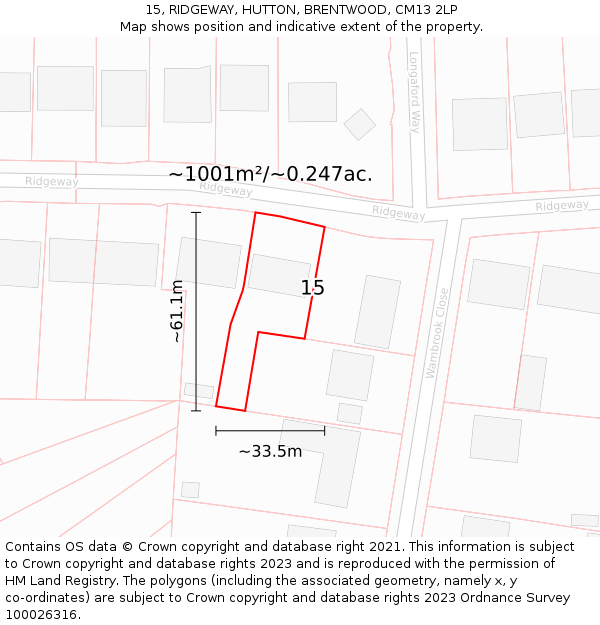 15, RIDGEWAY, HUTTON, BRENTWOOD, CM13 2LP: Plot and title map