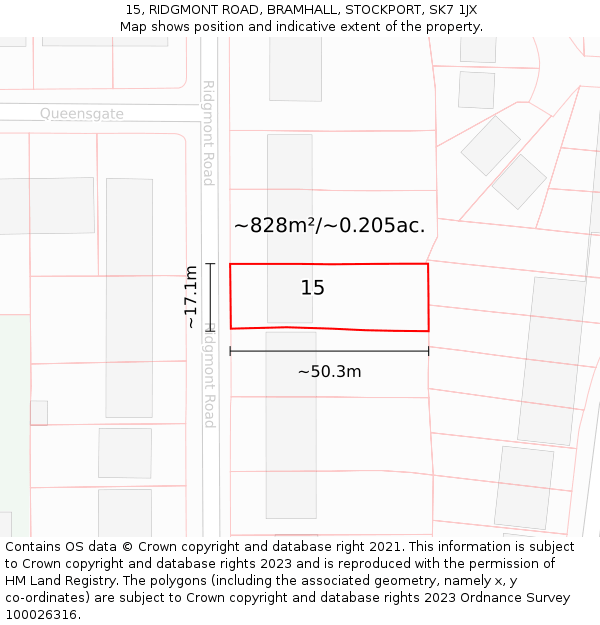 15, RIDGMONT ROAD, BRAMHALL, STOCKPORT, SK7 1JX: Plot and title map