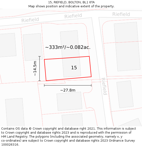 15, RIEFIELD, BOLTON, BL1 6TA: Plot and title map