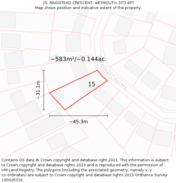 15, RINGSTEAD CRESCENT, WEYMOUTH, DT3 6PT: Plot and title map