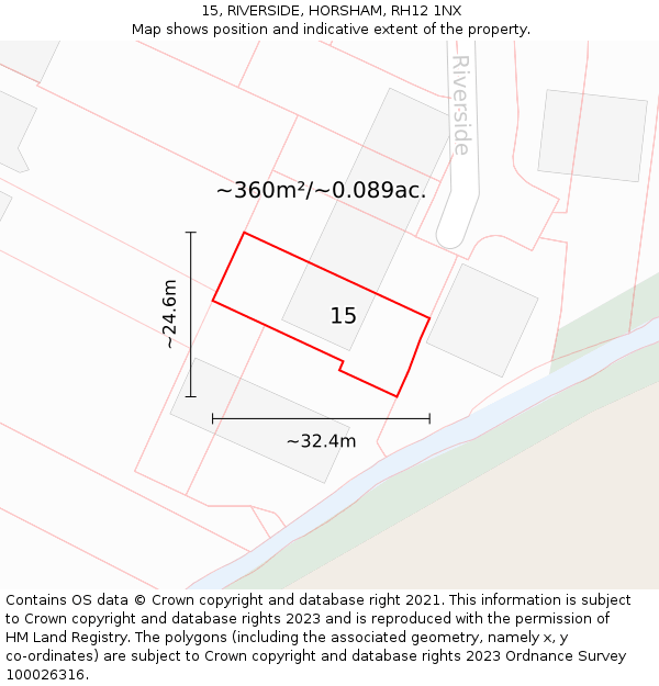 15, RIVERSIDE, HORSHAM, RH12 1NX: Plot and title map