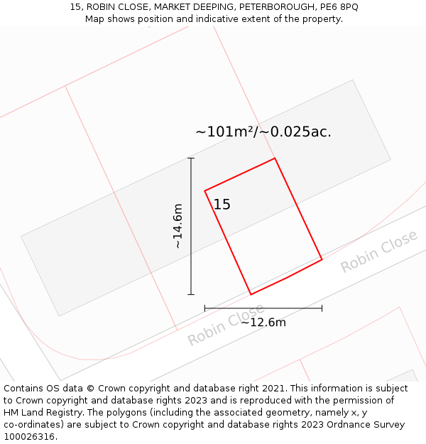 15, ROBIN CLOSE, MARKET DEEPING, PETERBOROUGH, PE6 8PQ: Plot and title map