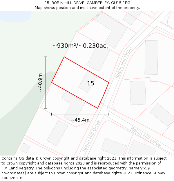 15, ROBIN HILL DRIVE, CAMBERLEY, GU15 1EG: Plot and title map