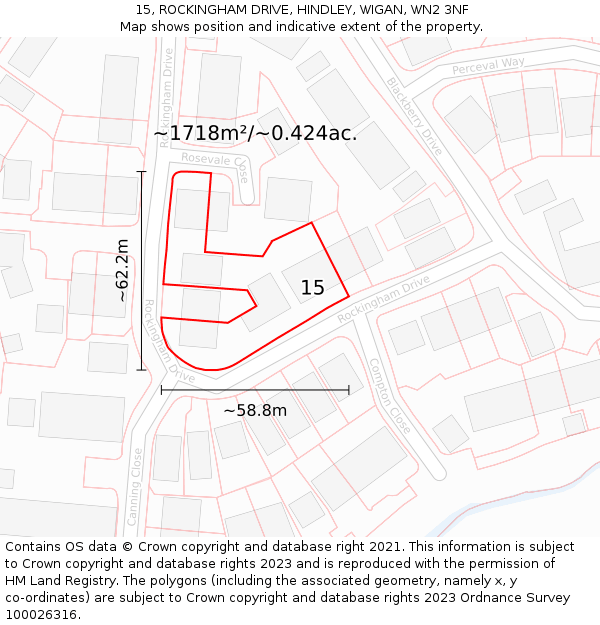 15, ROCKINGHAM DRIVE, HINDLEY, WIGAN, WN2 3NF: Plot and title map