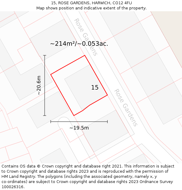 15, ROSE GARDENS, HARWICH, CO12 4FU: Plot and title map