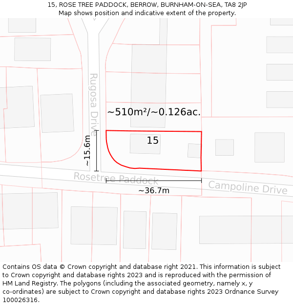 15, ROSE TREE PADDOCK, BERROW, BURNHAM-ON-SEA, TA8 2JP: Plot and title map
