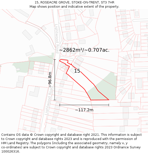 15, ROSEACRE GROVE, STOKE-ON-TRENT, ST3 7HR: Plot and title map