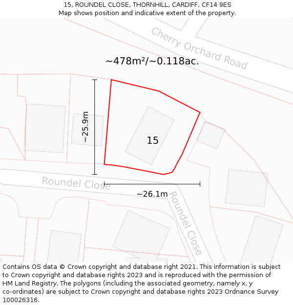 15, ROUNDEL CLOSE, THORNHILL, CARDIFF, CF14 9ES: Plot and title map