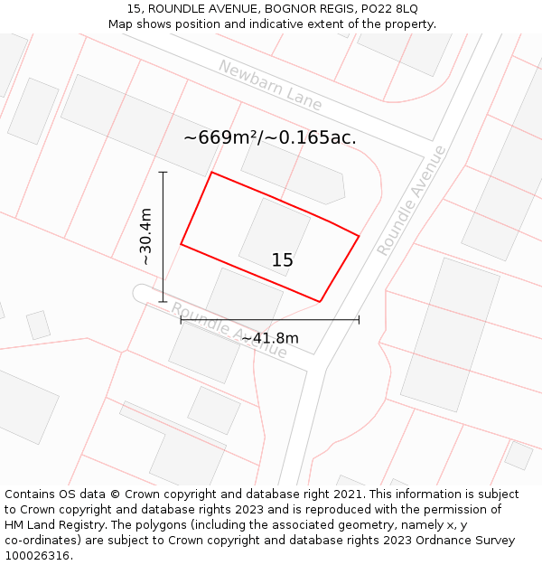 15, ROUNDLE AVENUE, BOGNOR REGIS, PO22 8LQ: Plot and title map