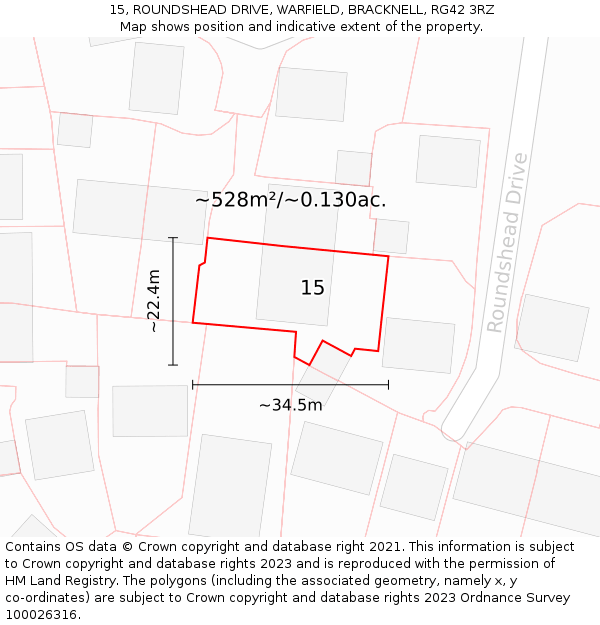 15, ROUNDSHEAD DRIVE, WARFIELD, BRACKNELL, RG42 3RZ: Plot and title map