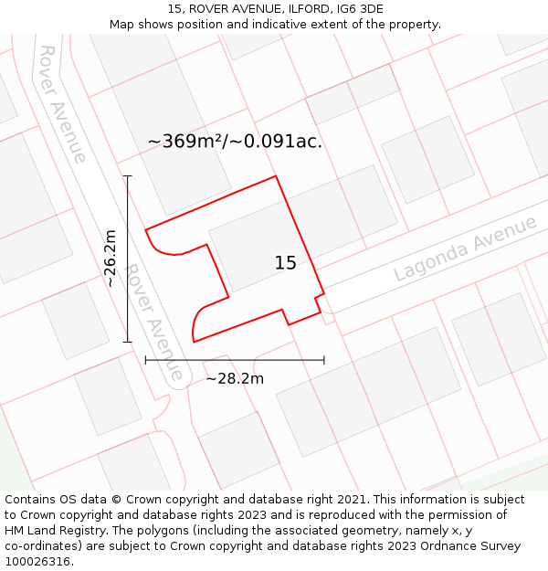 15, ROVER AVENUE, ILFORD, IG6 3DE: Plot and title map