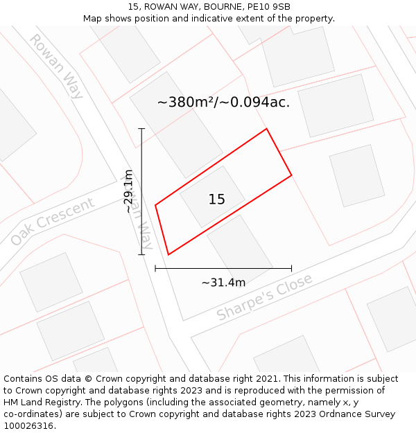 15, ROWAN WAY, BOURNE, PE10 9SB: Plot and title map