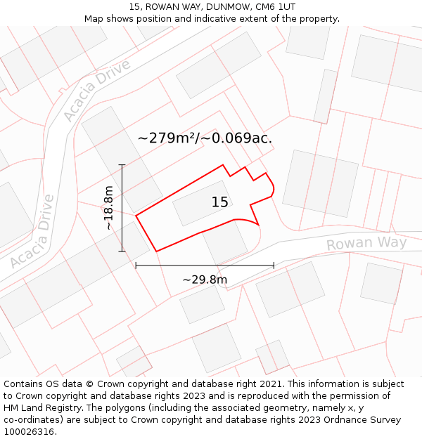 15, ROWAN WAY, DUNMOW, CM6 1UT: Plot and title map