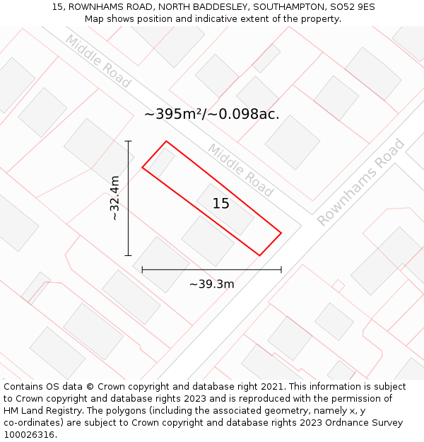 15, ROWNHAMS ROAD, NORTH BADDESLEY, SOUTHAMPTON, SO52 9ES: Plot and title map