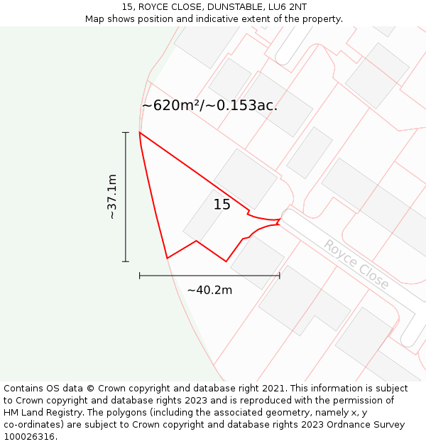 15, ROYCE CLOSE, DUNSTABLE, LU6 2NT: Plot and title map