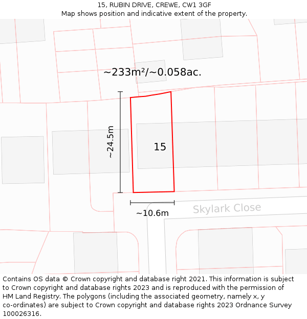 15, RUBIN DRIVE, CREWE, CW1 3GF: Plot and title map