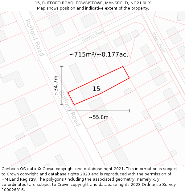 15, RUFFORD ROAD, EDWINSTOWE, MANSFIELD, NG21 9HX: Plot and title map